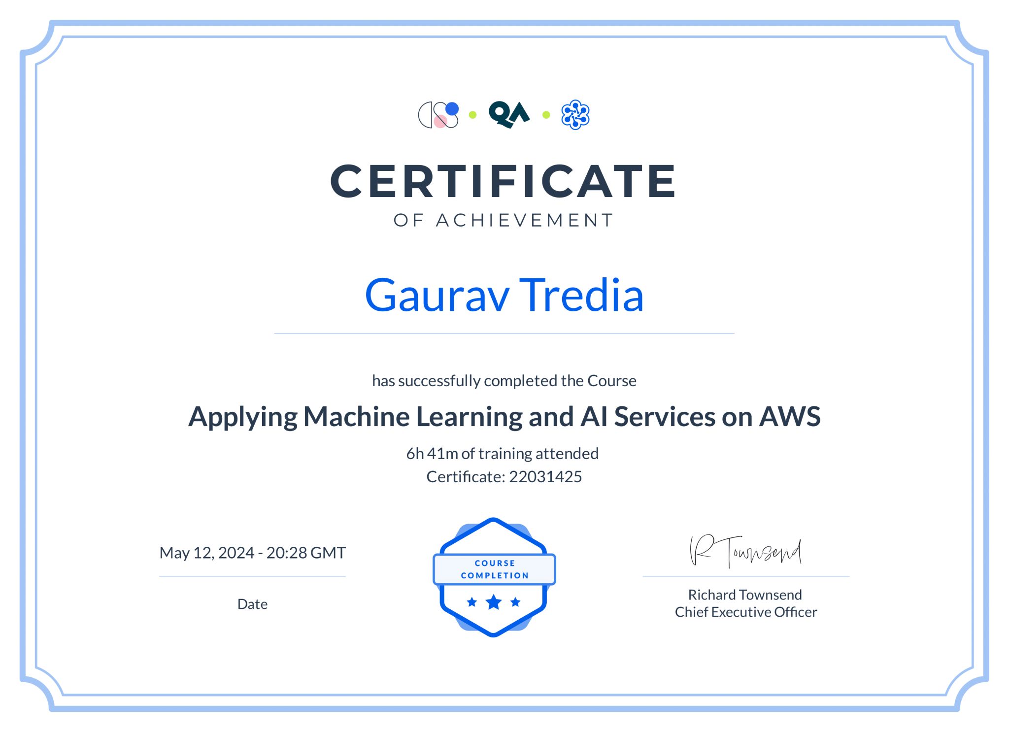 תעודה: Applying Machine Learning and AI Services on AWS